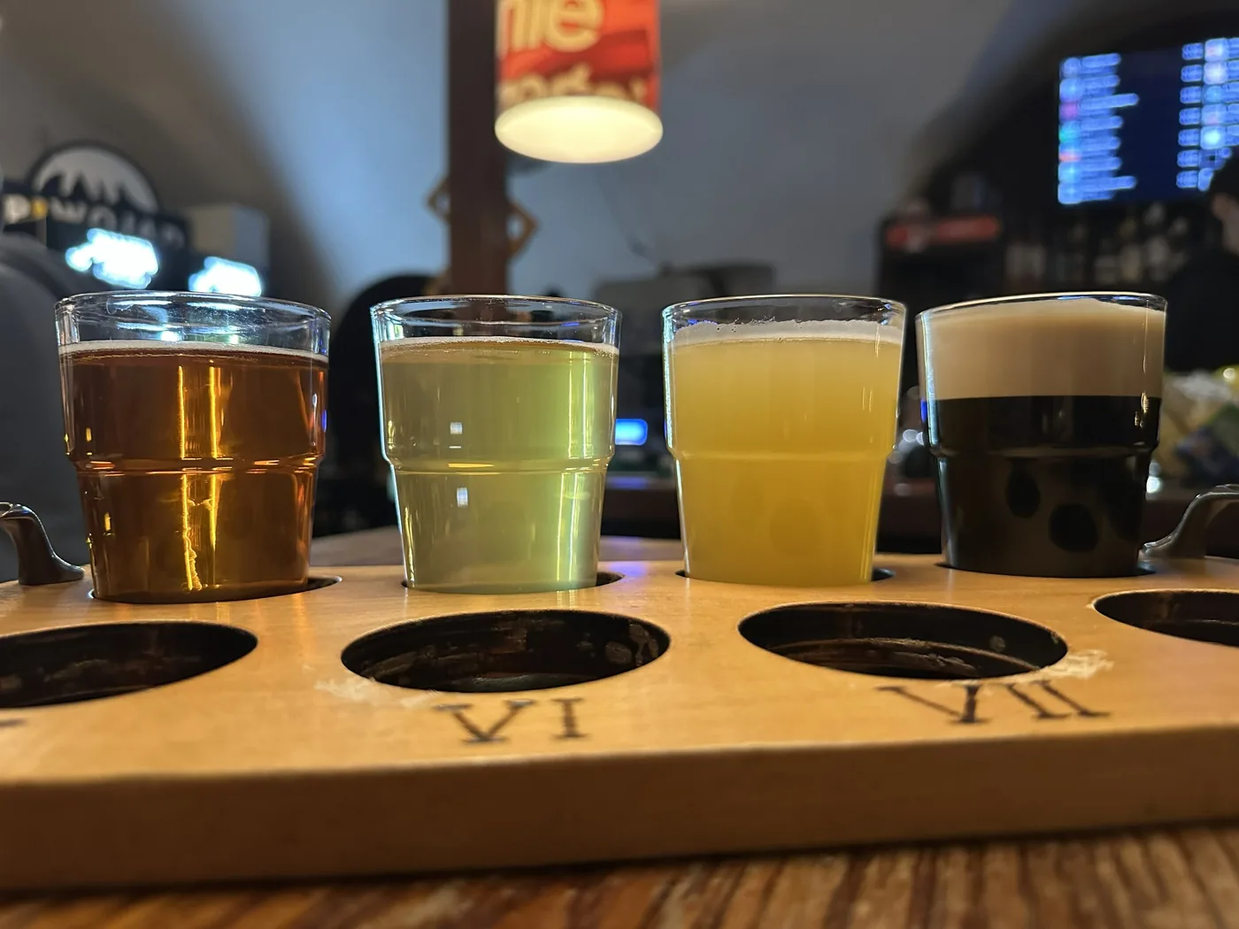 Craft beer tasting flight with several beer styles
